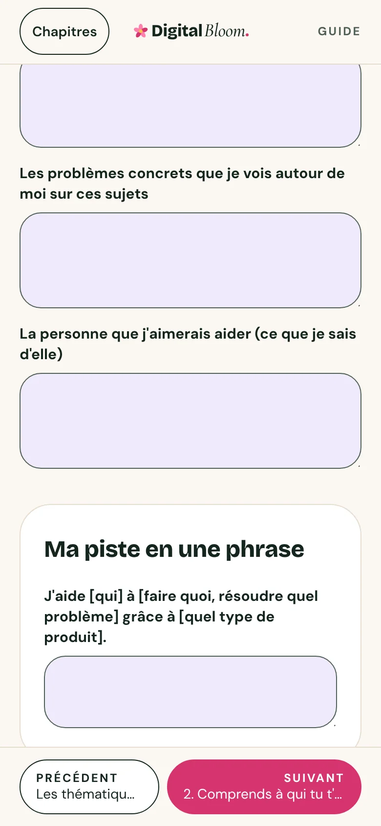 Page « À toi de jouer » avec des champs à remplir.