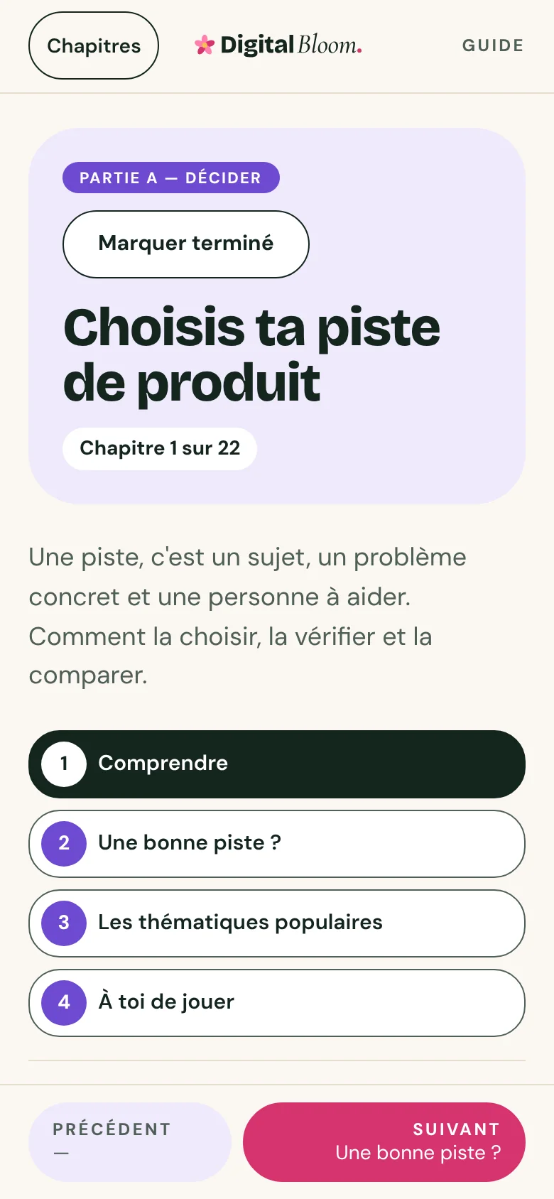 Un chapitre du guide, découpé en étapes courtes.